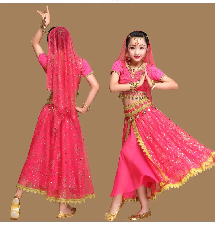 Conjunto profesional de danza del vientre para niña, traje de lentejuelas de Egipto, Inidia, India, 4 piezas/1 Juego