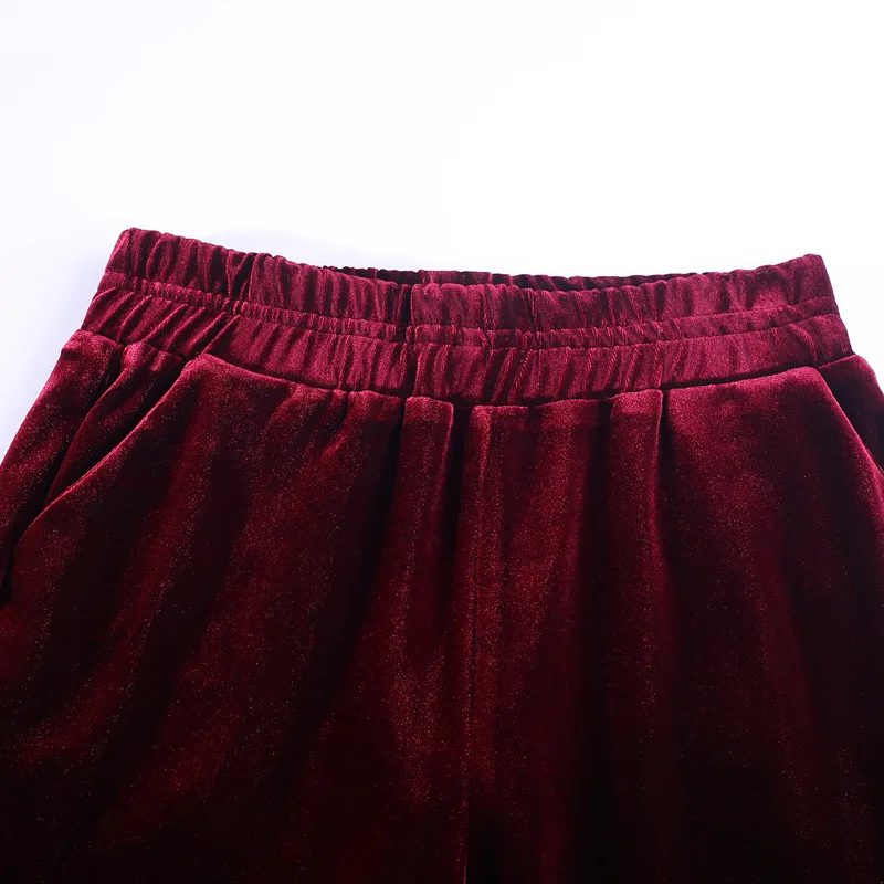 Fall Winter Fashion Women Wine Red Black Wide Leg Elastic High Waist Velvet Pants , Female Casual Womens Spring Velour Trousers