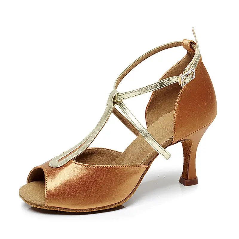 Latin Dance Shoes Woman Ballroom Satin Spring Buckle Thin Heel Brown Slip-On BDSALSA Fashion Female Brand Discount BD 2369