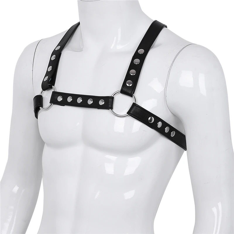 Mens Adjustable Flexible Faux Leather Back X Shape Body Chest Half Harness Belt with Metal O-Rings Cosplay Club Tank Top