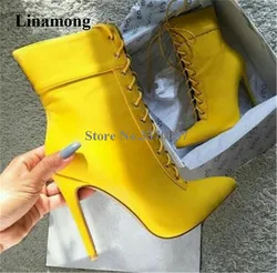 Frauen Elegante Mode Spitz Wildleder Leder Stiletto Ferse Kurze Stiefel Gelb Lace-up High Heel Ankle Booties Kleid heels