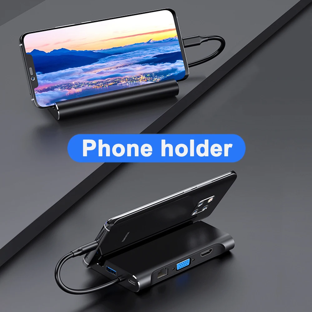 USB C Laptop Docking Station Thunderbolt 3 USB C HUB HDMI VGA RJ45 PD Adapter with Phone Holder Stand for MacBook Pro M1 Samsung