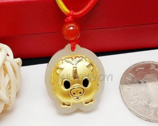 Natural White HeTian Jade + 18K Solid Gold Carved Chinese Zodiac Cut Pig Lucky Pendant + Free Necklace Fine Jewelry +Certificate