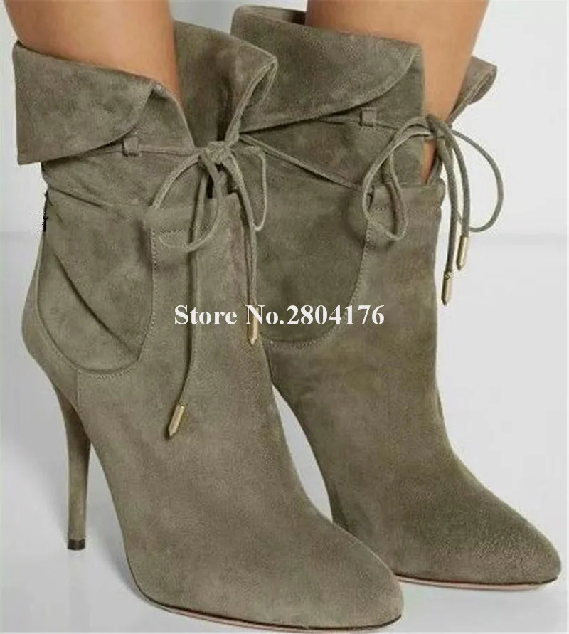 

New Fashion Women Suede Leather Lace-up Folded Thin Heel Short Boots Lace-up Black Amry Green High Heel Ankle Booties
