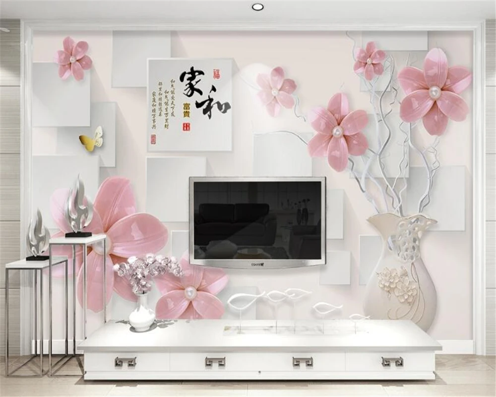 Beibehang Custom 3d wallpaper pink pearl flower three-dimensional vase box 3D living room bedroom TV background wallpaper mural