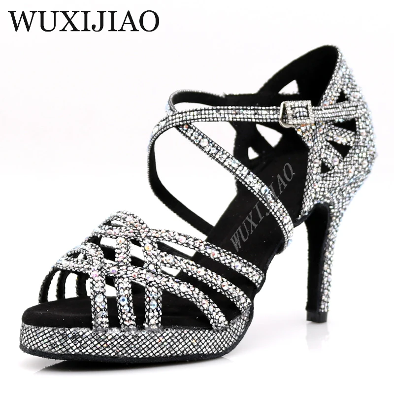 WUXIJIAO-zapatos de baile latino para mujer, calzado plateado y negro con diamantes de imitación para salsa, baile de salón, tacón de 5cm-10cm