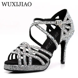 WUXIJIAO ใหม่เงินสีดำ Latin dance รองเท้าสุภาพสตรี salsa rhinestone รองเท้าเต้นรำผู้หญิงบอลรูมเต้นรำรองเท้าส้น 5 cm - 10 ซม.