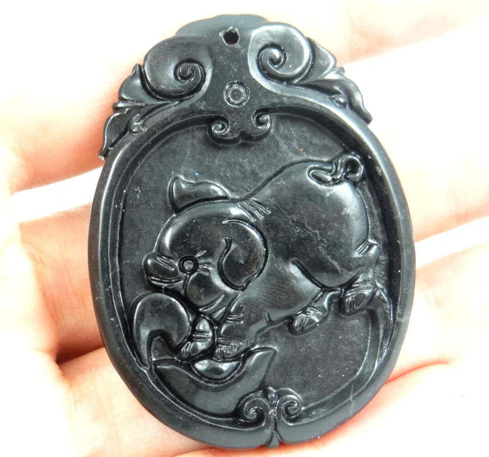 49*37Wholesale natural Chinese black green stone hand-carved statue of Zodiac signs amulet pendant necklace Jewelry Making