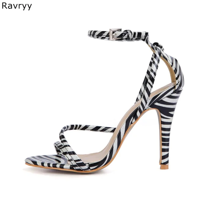 Concise Style Zebra Stripe Woman sandals High Quality Leather ankle buckle Sexy Pumps thin heel female dress shoes high heels