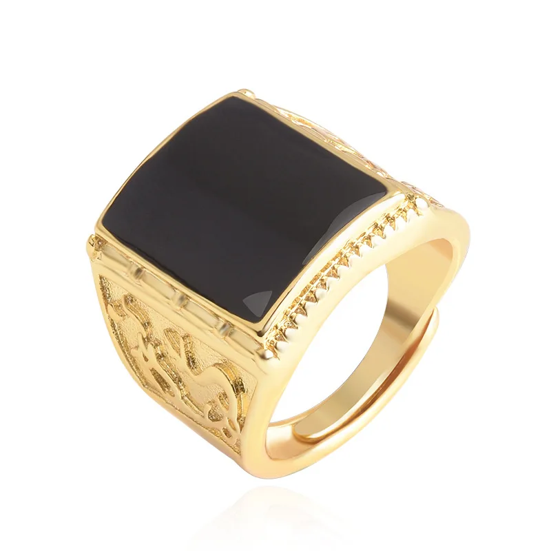 OMHXZJ Wholesale European Fashion Hot Jewelry Man Male Party Birthday Wedding Gift Vintage Square Black 24KT Gold Ring RR1012