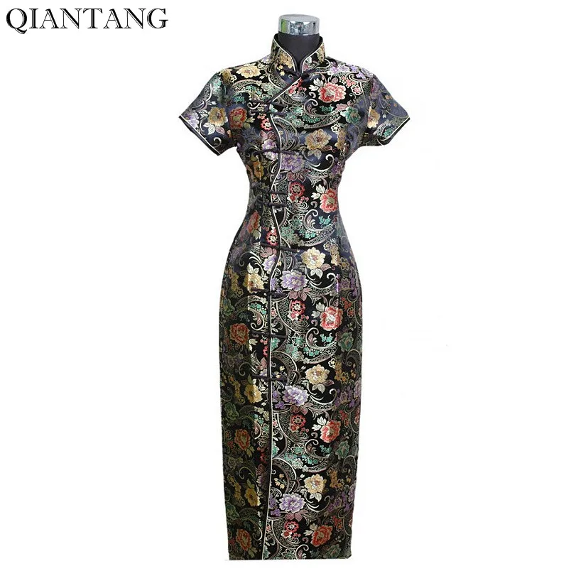 

Special Offer Black Chinese Women Satin Long Cheongsam Vestido mujer Female Traditional Qipao Dress Size S M L XL XXL XXXL J0024