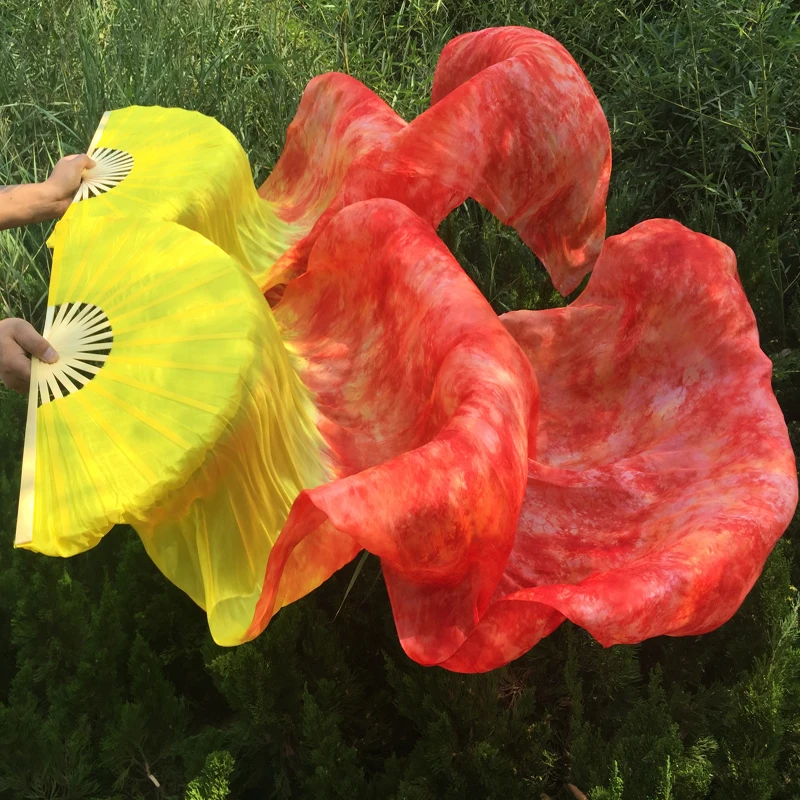 New Yellow tie-dyed 100% pure real Silk Fan Veils for Belly Dancing  Sexy 180cm long silk Fan for dancers or stage Show