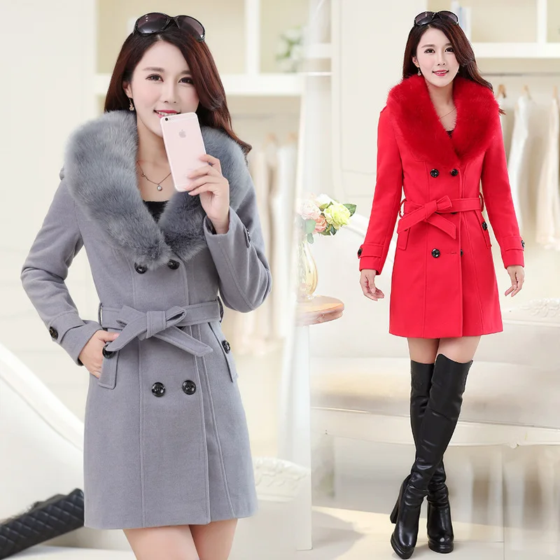 

High-quality woolen coat women's long section 2018 winter Korean women's hair collar woolen coat double-breasted coat DF01