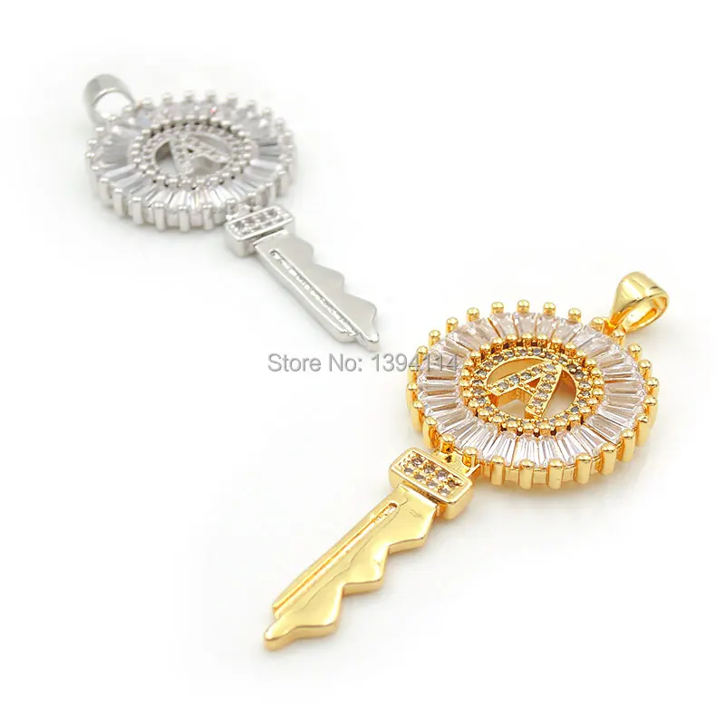 

45*20*3mm Micro Pave Clear CZ Key Charm With A-Z Letter Fit For Making Necklaces Jewelry