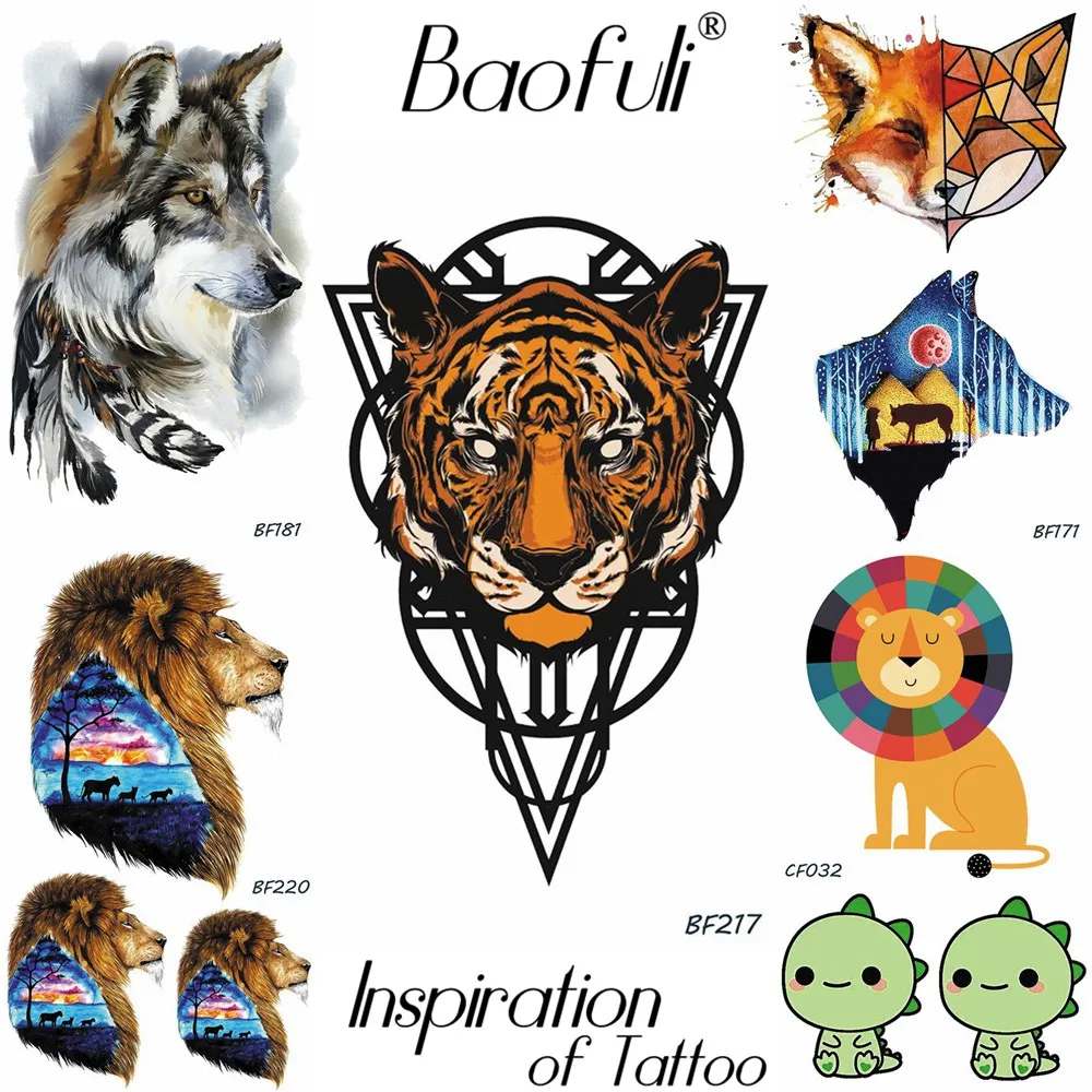 Baofuli Tijger Geometrische Vos Wolf Tatoeages Waterdicht Bos Tattoo Sticker Cartoon Dinosaurus Galaxy Aquarel Nep Tatoos Vrouwen