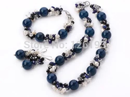 

Nice FAB Freshwater Pearl Crystal Lapis Beads Necklace Bracelet, Earrings Set