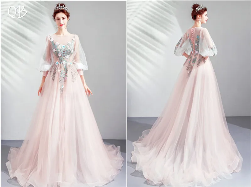 A-line Long Sleeve Tulle Flowers Appliques Elegant Pink Evening Dresses 2020 New Fashion Bride Party Prom Dress XK201