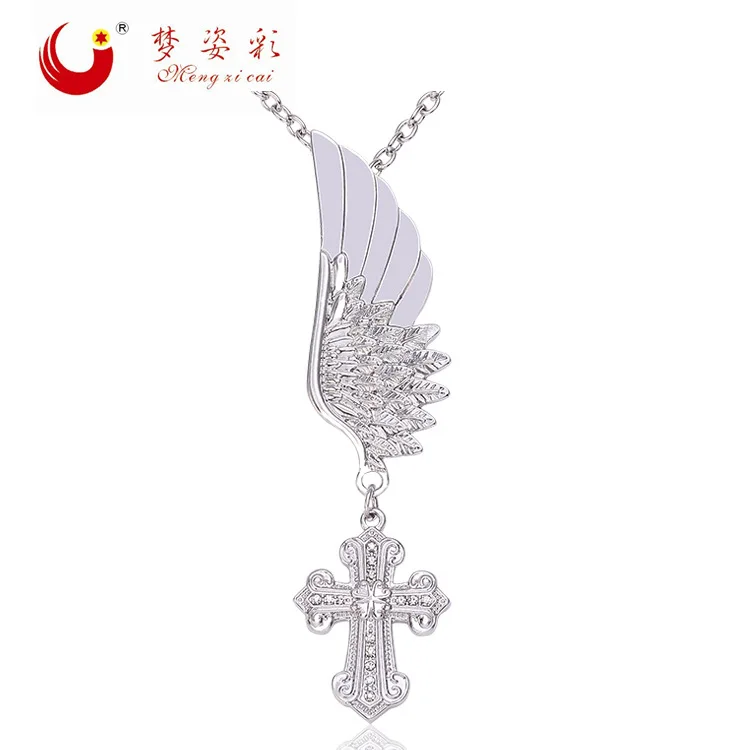 MZC Bulgaria Jewelry white Angel Wing Cross Necklaces for Girl Female Classic Long Neckless Gros Collier Argent Femme