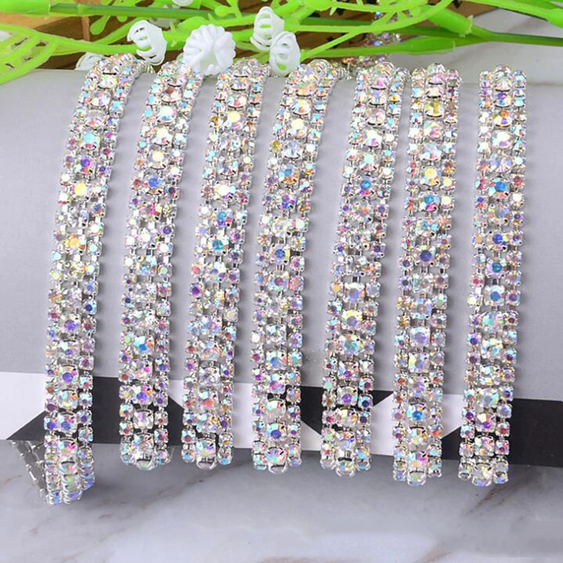 3Yards Clear Rhinestone Sew On AB 3-Rows Gold Chain Silver Close Chain Trim Trimming DIY Sewing Accessories Art Craft