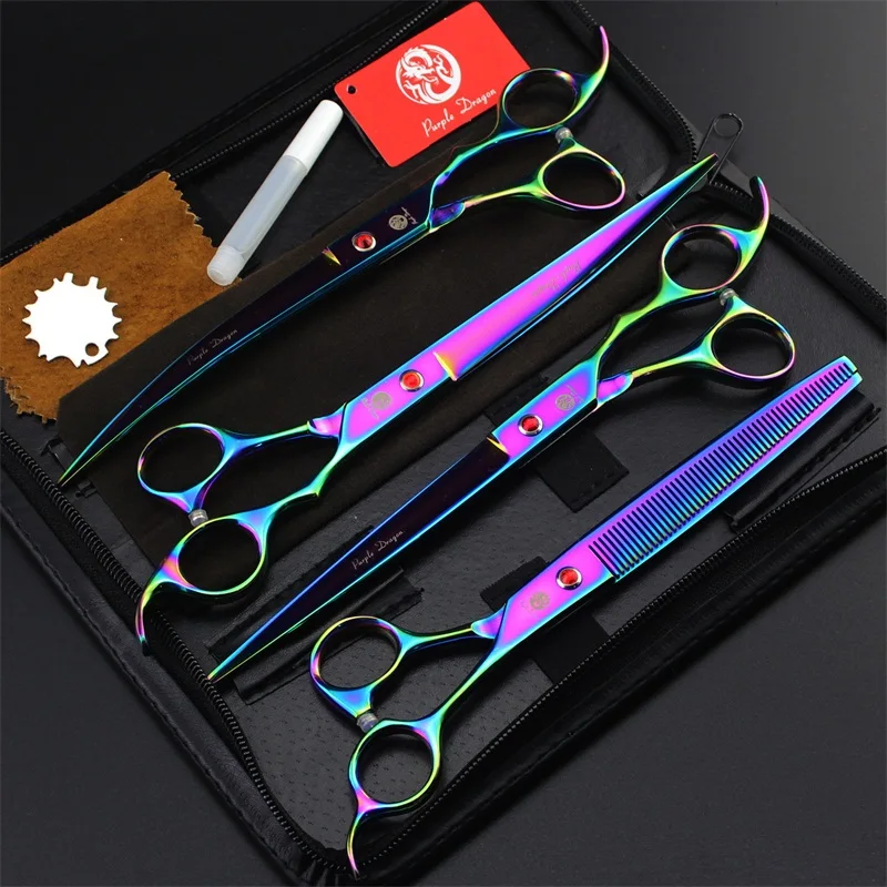 Professional Pet Dog Grooming Scissors 8.0 inch Hair Cutting + Thinning + Curved Shears 440C Straight Scissors 4 PCS Set + Case