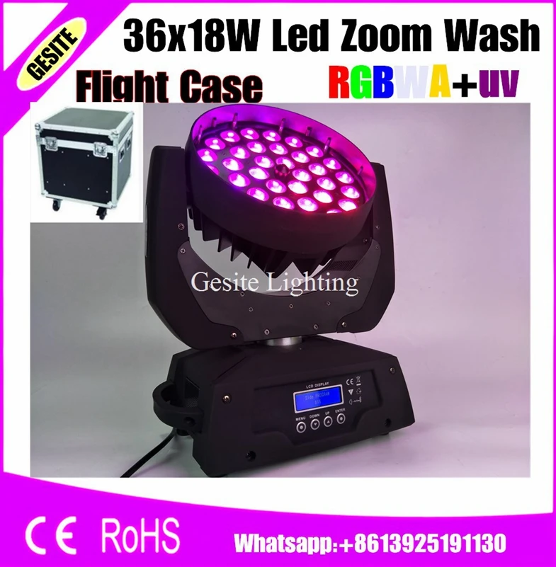 

2pcs/lot flight case package new-designed led wash zoom 36x18w rgbwauv 6in1 rgbway lyre moving head dj light equipment