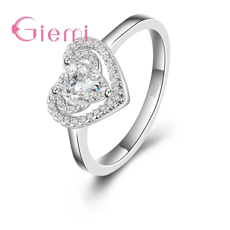 Super Shinning Cubic Zirconia Lovely Romantic Heart Shape Design Real 925 Sterling Silver Finger Rings For Women Ladies