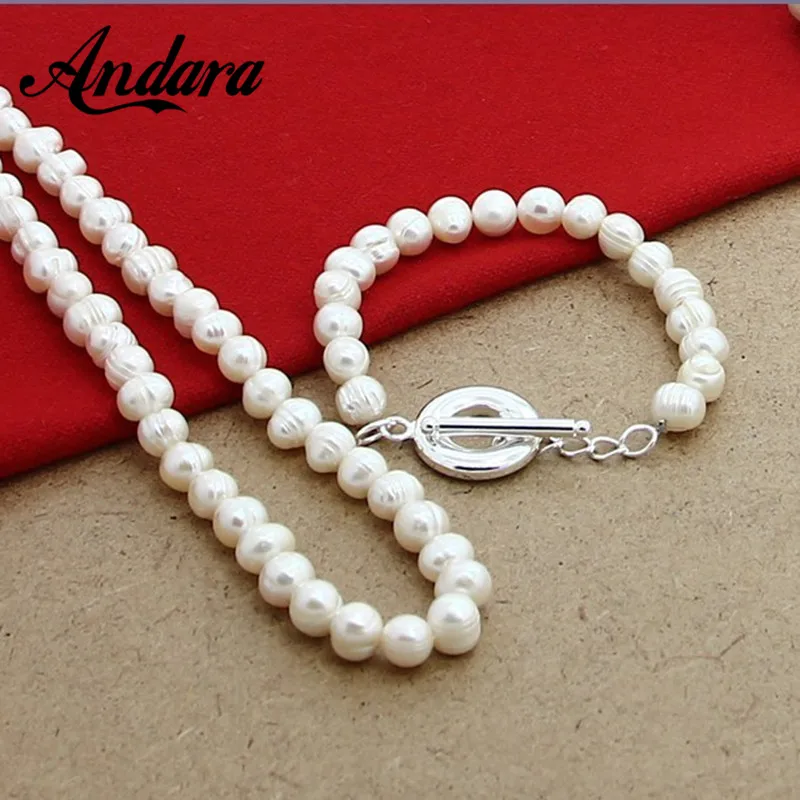 Pearl Jewelry Sets 925 Sterling Silver Natural Freshwater Pearl Necklace Bracelet Set Fashion Women Jewelry Wedding Gift