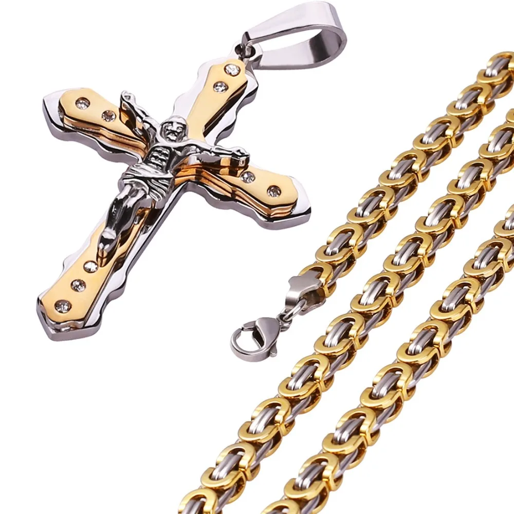 Christian Jesus Cross Crystal Pendant Necklaces Thick Link Byzantine Chain Stainless Steel Men Jewelry Colar Gift