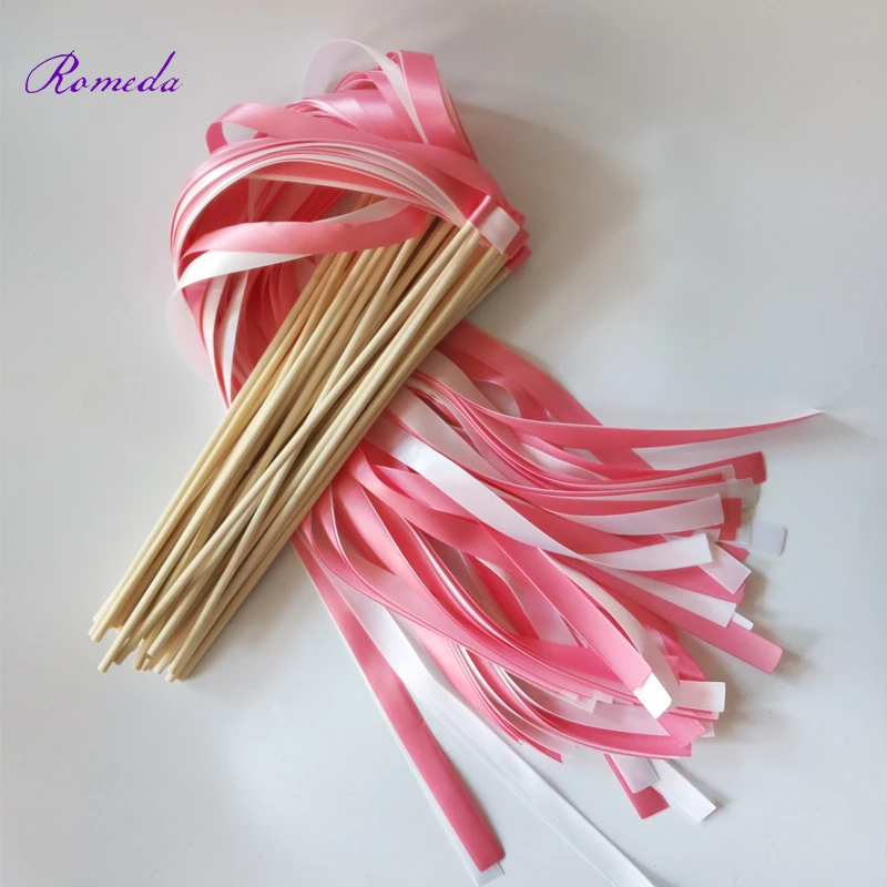 

50pcs/lot pink & white wedding ribbon wands Without Bells for wedding decoration