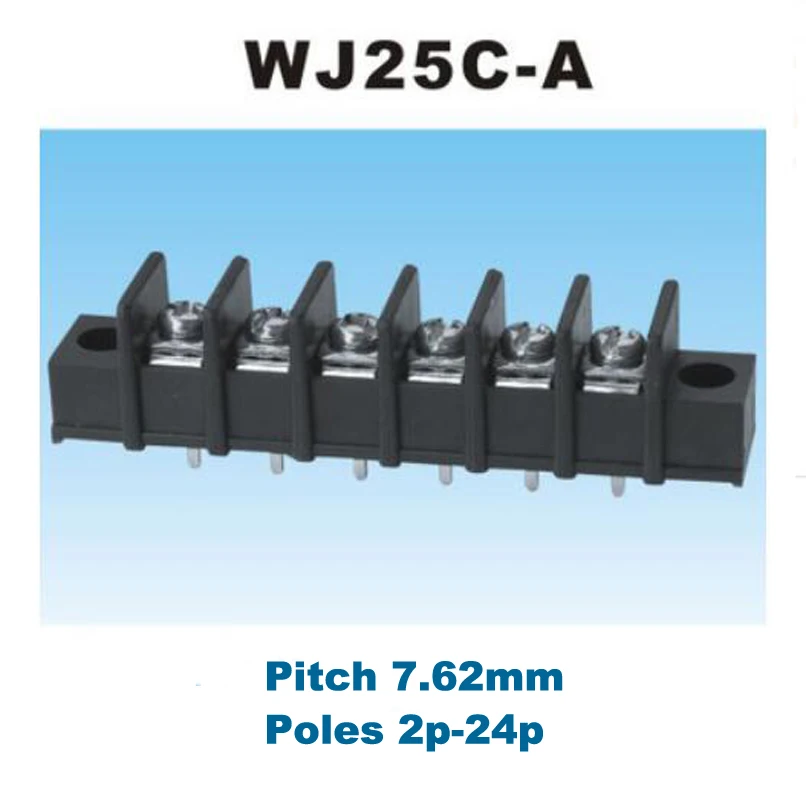 50pcs Pitch 7.62mm Barrier PCB Terminal Block Straight 2/3/4/5/6/8Pin Morsettiera Connectors With Screw Holes 300V 15A 14AWG