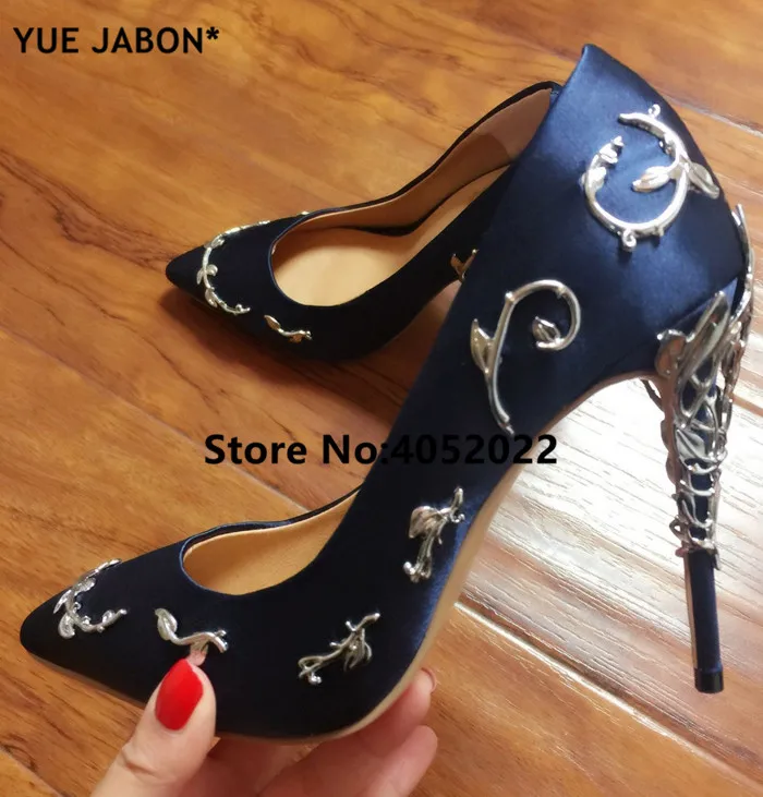

YUE JABON потрясающие розовые шелковые туфли на высоком каблуке на шпильке, женские необычные свадебные туфли-лодочки с металлическими ветками и украшением на тонком каблуке