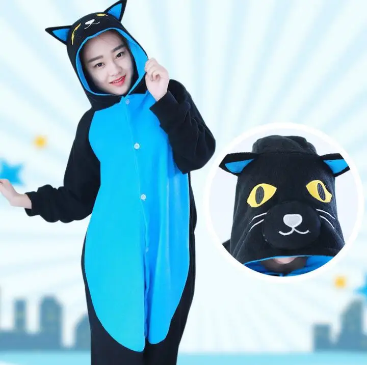 HKSNG 성인 동물 블루 미드나잇 고양이 Onesies Kigurumi 할로윈 가족 파티 잠옷 만화 점프 슈트 의상