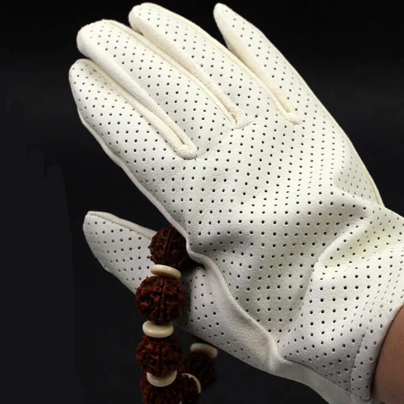 Natural Genuine Suede Play Wooden Beads Bracelet Gloves Thick Deerskin Pearl Glove Perforated Breathable White Leather Glove S73