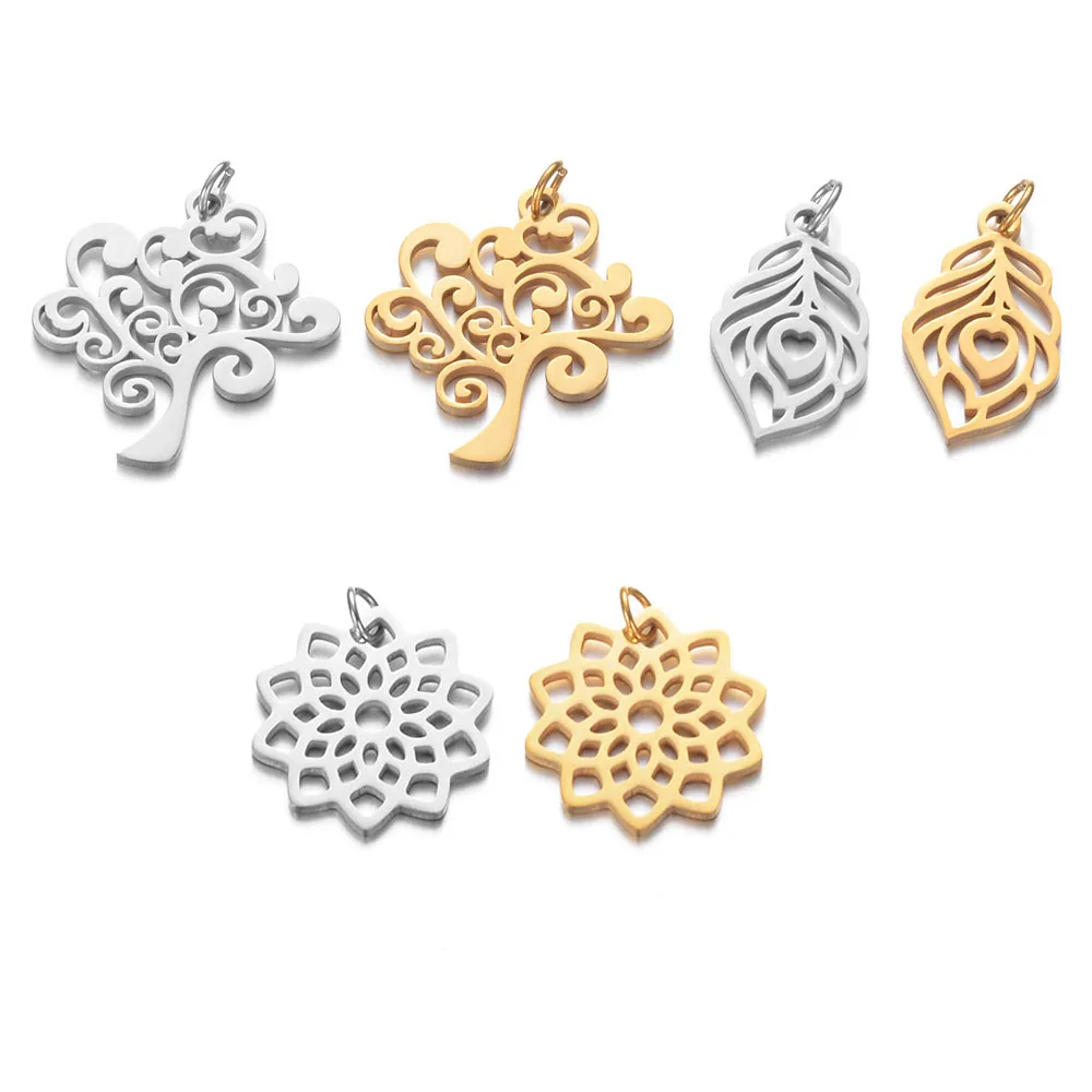 Breloques en acier inoxydable 316L, 5 pièces/lot, pendentifs arbre fleur de Lotus pour bijoux, accessoires de fabrication de bricolage