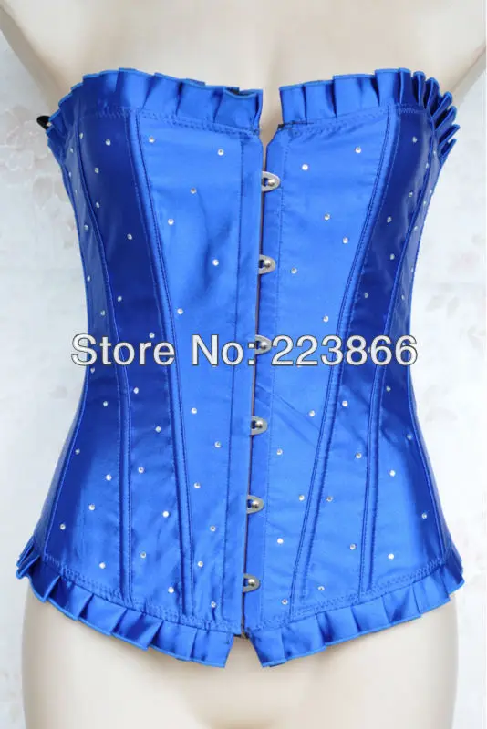 Blue Satin Rhinestones Corset Lace up Boned Overbust Bustier Sexy Party Costume S-6XL