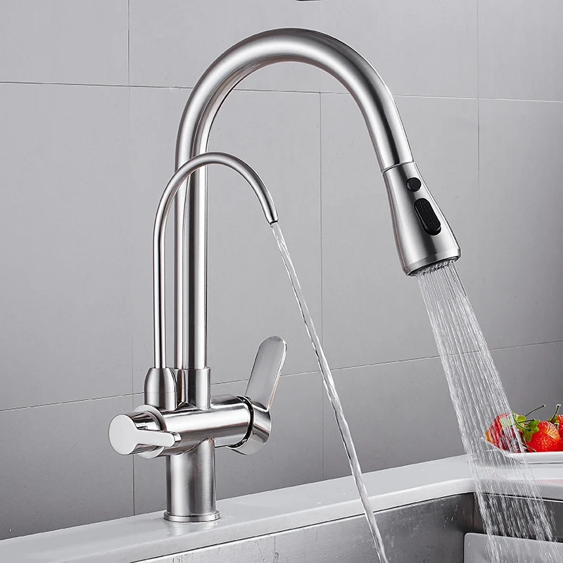 

MTTUZK Brass Brushed Kitchen Pull Down Faucet With Pure Water Cold Hot Kitchen Modern Drinking Water 3 Way Filtered Faucet Mixer