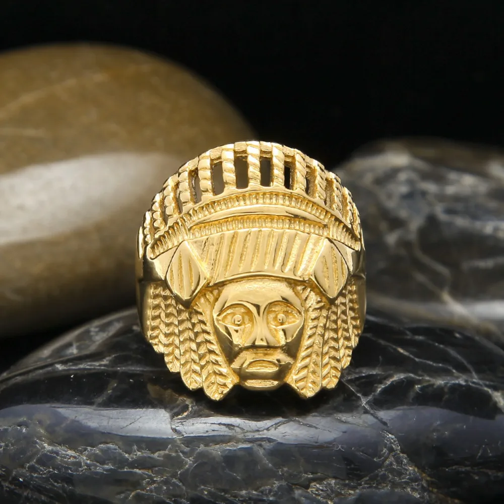 THE BLING KING Indian Chief Head Punk Rings Vintage Stainless Steel Size 7-14 Available Gold Color Hiphop Ring Jewelry For Men