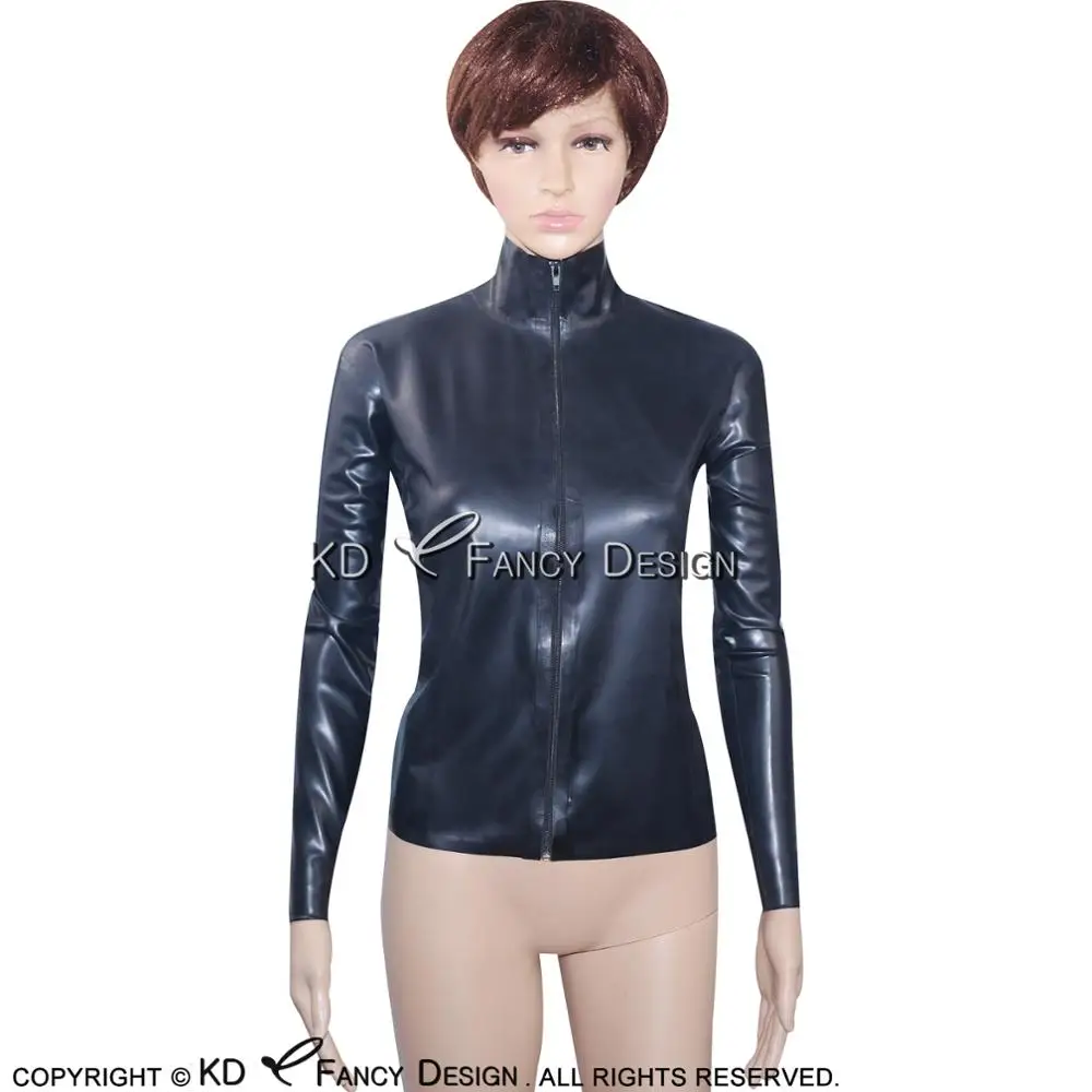 

Black Sexy Latex Jacket With Zipper At Front Long Sleeves High Collar Rubber Coat Top YF-0021