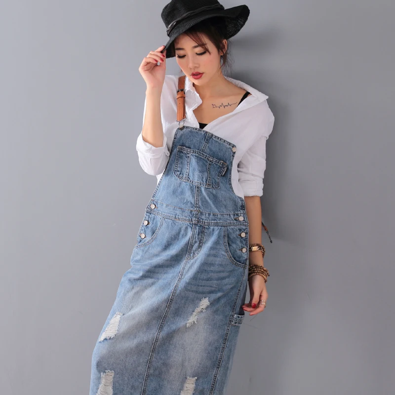 Fashion Maxi Denim Dress Summer Ladies Suspenders Holes Jean Dresses Female Loose Bib Blue cowboy Long Dress 8075