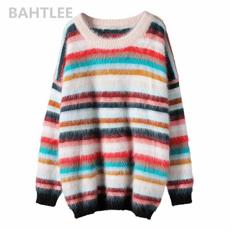 BAHTLEE-Women\'s Angora Rabbit Rainbow Patter Knitted Pullovers, Casual Long Sleeves Sweater, Loose Sweater, Keep Warm, Autumn, W