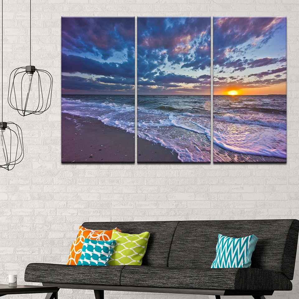 Canvas Painting Sunset Cloudy Sky Sea Waves Beach Landscape 3 Pieces Wall Art Painting Modular Wallpapers Poster Print Decor