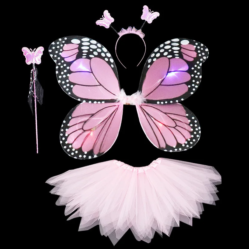 4 Piece Shining Butterfly Wing +Wand +Headband +Tutu Skirt Christmas Halloween Cosplay Costume For Fairy Girls Kids 6 Colors