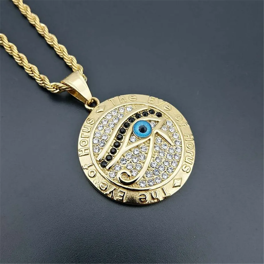 Egyptian Eye of Horus Necklace Pendant & Chain For Men Women Gold Color Stainless Steel Round Hiphop Ancient Egypt Jewelry N1238