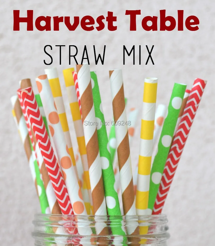 125 Pcs Mixed Colors Harvest Table Thanksgiving Paper Straws,Brown Lime Green Red Yellow Orange-Chevron Dot Stripe Biodegradable