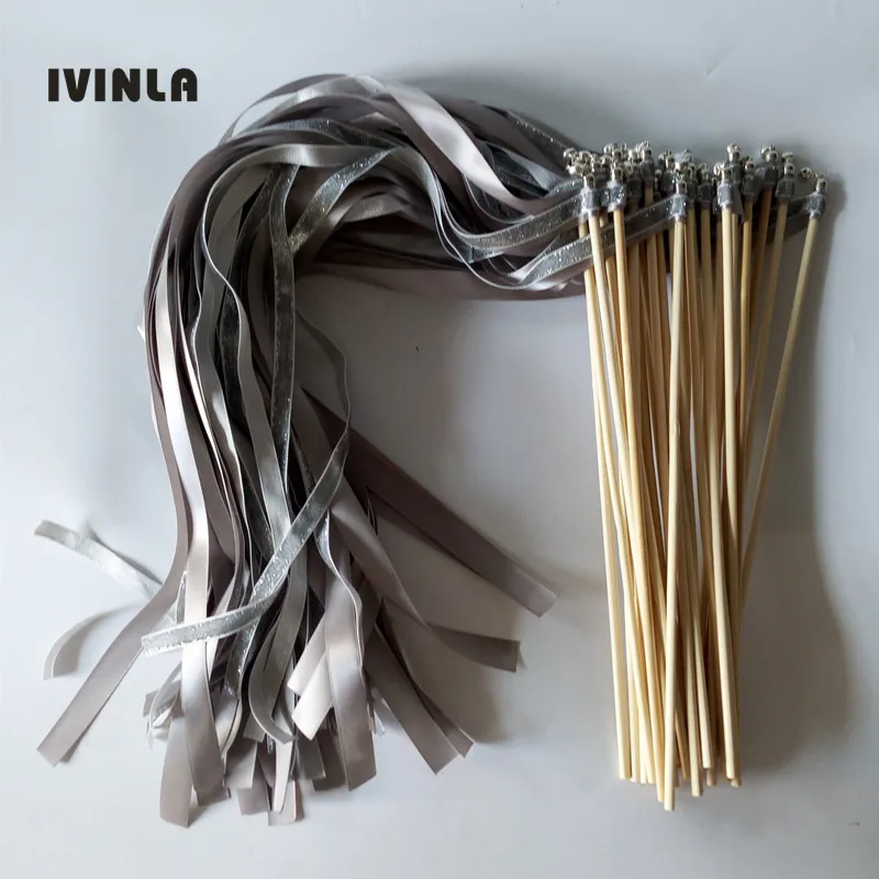50pcs /lotNew Arrived sliver glitter + sliver stain ribbon wedding wands wedding stick with sliver bell for wedding party