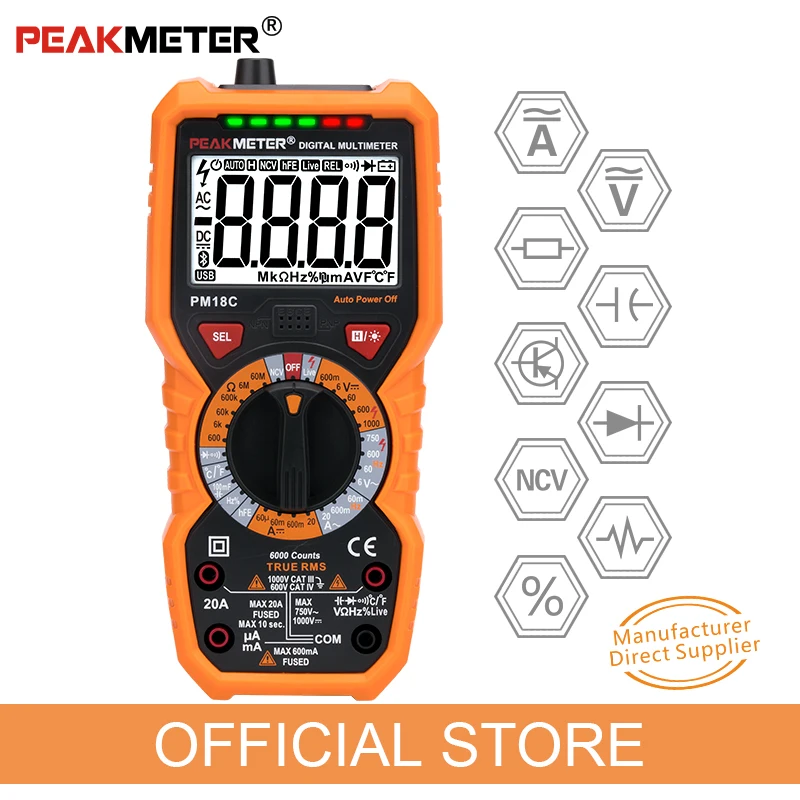 Official PEAKMETER Digital Multimeter PM18C with True RMS AC/DC Voltage  Resistance Capacitance Frequency Temperature NCV Tester