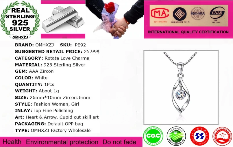 OMHXZJ Wholesale Fashion Star Rotate Love Woman Girl Gift Zircon 925 Sterling Silver Pendant Charms PE92 ( NO Chain Necklace )