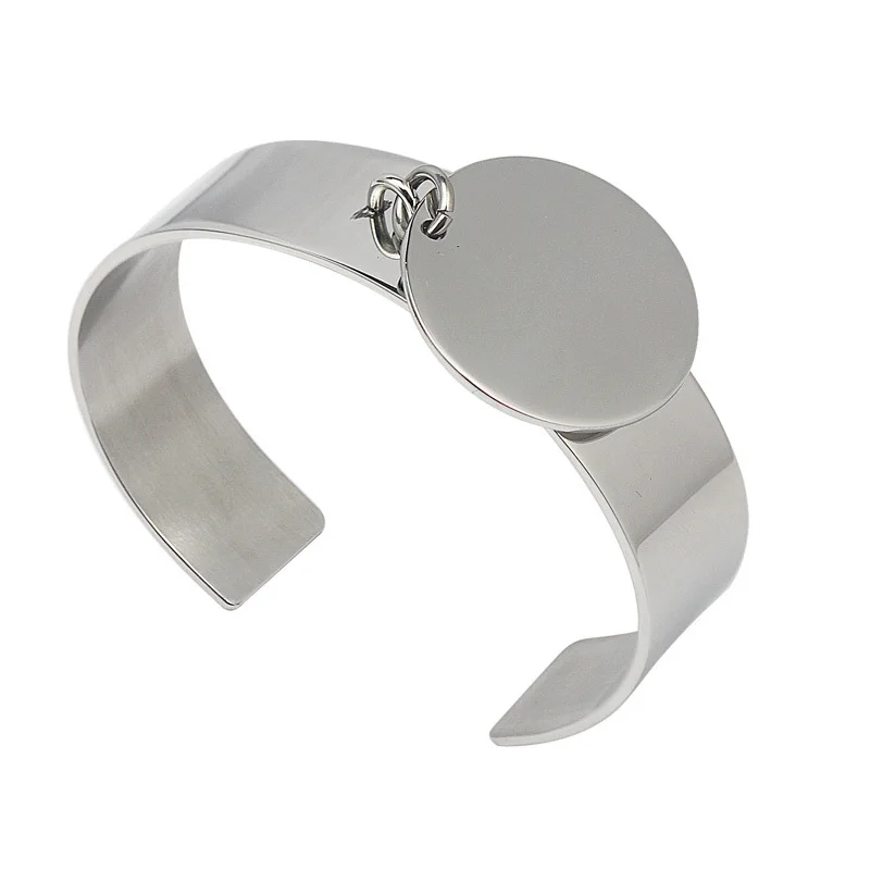 Stainless Steel Cuff Bracelet with Round Engravable Laser Charms Women Jewelry Couple Bracelet & Bangle