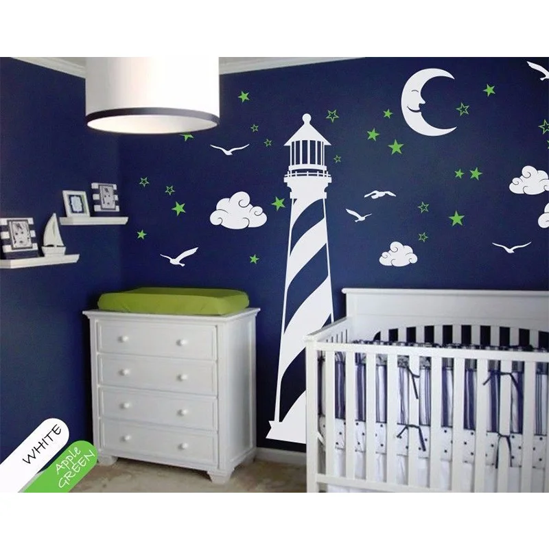 POOMOO Wall Decals Vinyl Wall Decal Lighthouse Moon Stars Clouds Wall Sticker Childrens Room Nursery Decor Stickers 250X208cm