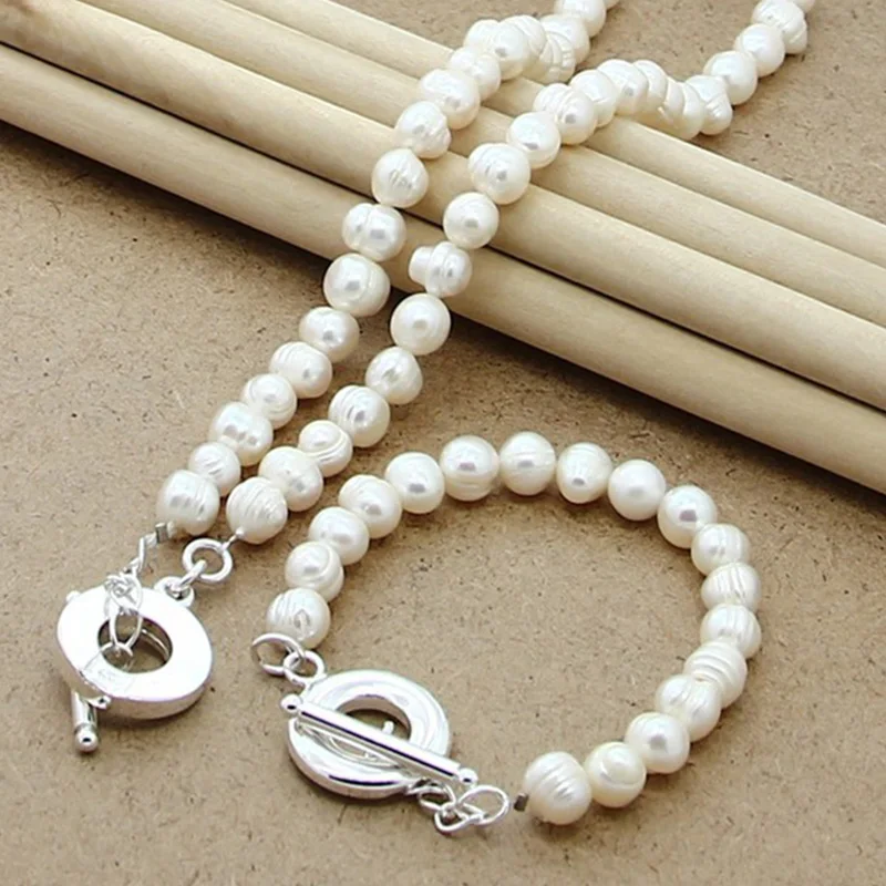 Simulated Pearl Jewelry Sets For Women Fashion 925 Silver Necklace Bracelet Wedding Jewelry